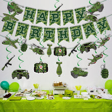 Load image into Gallery viewer, GDGDTOO Camo Military Happy Birthday Banner, Army Camouflage Party Banner with Hanging Swirls & Cake Topper Cupcake Picks, Tactical Vehicle Themed Wall Banner Decor, Indoor Outdoor Birthday Photo Backdrop Party Supplies