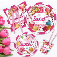 Load image into Gallery viewer, 92PCS Candyland Birthday Party Supplies Set, Lollipop Candy Party Decorations with Disposable Paper Plates, Cups, Napkins, Straws & Banner, Sweet Candy Theme Tableware for Kids Birthday Celebration