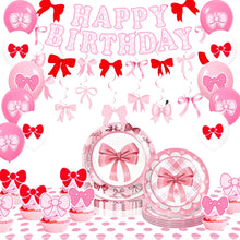 Load image into Gallery viewer, 71pcs Pink Bow Themed Party Decorations Set Serves 24, Bow Birthday Supplies with Plates, Napkins, Cups, Banner, Tablecloth, Cake Toppers, Balloons for Birthday Baby Shower Decorations