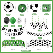 Load image into Gallery viewer, 108PCS Soccer Themed Party Decorations Set Serves 40, Soccer Birthday Supplies with Plates, Napkins, Banner, Hanging Swirls, Balloons, Tablecloth for Soccer Sports Birthday Table Decorations