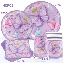 Load image into Gallery viewer, 40PCS Purple Butterfly Themed Disposable Tableware Set, Paper Plates Napkins Cups Cutlery Party Supplies, Butterfly Decor Table Decorations for Birthday, Baby Shower, Bridal Shower Indoor Gathering Layout Ornaments