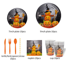 Load image into Gallery viewer, 90PCS Halloween Themed Disposable Tableware Party Supplies Set, Spooky Paper Plates, Napkins, Paper Cups and Cutlery Kit, Halloween Holiday Table Decorations for Haunted House & Halloween Birthday Scene Atmosphere Layout Ornaments
