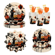 Load image into Gallery viewer, 90PCS Halloween Pumpkin & Black Cat Party Supplies Set, Spooky Halloween Decorations with Disposable Paper Plates, Cups, Napkins & Cutlery, Black Cat Theme Tableware for Costume Party, Birthday & Family Gathering