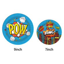 Load image into Gallery viewer, 91PCS City Superhero Themed Disposable Tableware Party Supplies Set, Hero Cityscape Paper Plates, Napkins, Paper Cups, Forks Spoons & Knives Kit, Hero Birthday Table Decor for Friend Gathering, Superhero Theme Indoor Celebration Layout Ornaments