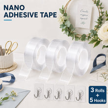 Load image into Gallery viewer, 2/3 Pack Nano Tape with 5 Hooks, Reusable Double Sided Clear Gel Adhesive Tape for DIY Crafts, Scrapbooking, Art Projects, Wall Hanging Organizer, Christmas &amp; Halloween Decorations

