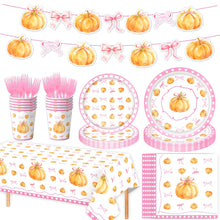 Load image into Gallery viewer, 82PCS Fall Bow Pumpkin Thanksgiving Party Supplies Set, Disposable Paper Plates, Napkins, Tablecloth &amp; Banner Bunting for Autumn Birthday Party, Thanksgiving Dinner &amp; Harvest Holiday Decorations
