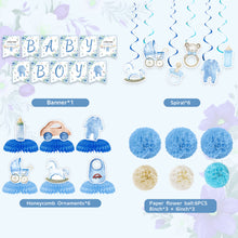 Load image into Gallery viewer, Blue &amp; White Cartoon Party Decorations Set, Letter Banner, Hanging Swirls &amp; Flower Ball Table Decorations for Birthday, Baby Shower, Classroom, Photo Backdrop &amp; Blue Theme Celebration
