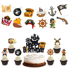 Load image into Gallery viewer, GDGDTOO Pirate Happy Birthday Banner, Ocean Treasure Skull Party Banner with Cake Topper &amp; Cupcake Toppers, Nautical Themed Wall Banner Decor, Indoor Outdoor Photo Backdrop Birthday Party Supplies
