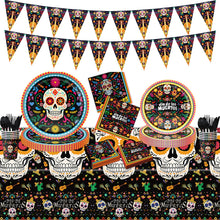 Load image into Gallery viewer, 82PCS Day of the Dead Party Supplies Set, Sugar Skull Disposable Paper Plates, Tableware, Tablecloth &amp; Banner Bunting for Día de los Muertos, Mexican Fiesta, Holiday Gathering &amp; Party Decorations
