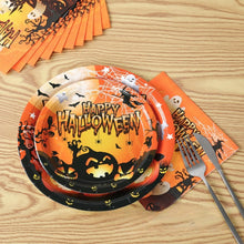 Load image into Gallery viewer, 40PCS Halloween Pumpkin Disposable Tableware Party Supplies Kit, Spooky Paper Plates, Napkins &amp; Paper Cups Set, Halloween Holiday Table Decorations for Indoor Outdoor Yard Party, Haunted House Birthday Gathering Layout Ornaments
