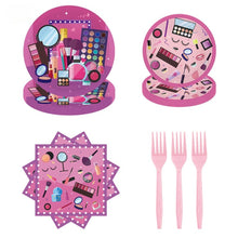 Load image into Gallery viewer, 96PCS Makeup Cosmetic Themed Disposable Party Tableware Kit, Includes 9inch &amp; 7inch Paper Plates, Paper Napkins &amp; Plastic Forks, Girls Spa Birthday Party Supplies
