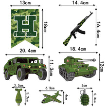 Load image into Gallery viewer, GDGDTOO Camo Military Happy Birthday Banner, Army Camouflage Party Banner with Hanging Swirls &amp; Cake Topper Cupcake Picks, Tactical Vehicle Themed Wall Banner Decor, Indoor Outdoor Birthday Photo Backdrop Party Supplies

