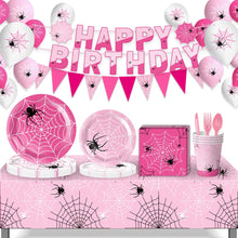 Load image into Gallery viewer, 100 PCS Pink Spider Birthday Party Supplies Set, Pink &amp; White Spider Web Disposable Tableware Kit with Plates, Napkins, Cups, Balloons, Banner, Tablecloth for Spooky Birthday Halloween Themed Celebrations
