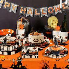 Load image into Gallery viewer, 90PCS Halloween Pumpkin &amp; Black Cat Party Supplies Set, Spooky Halloween Decorations with Disposable Paper Plates, Cups, Napkins &amp; Cutlery, Black Cat Theme Tableware for Costume Party, Birthday &amp; Family Gathering

