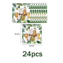 Load image into Gallery viewer, 96PCS Jungle Safari Animal Themed Disposable Tableware 4-in-1 Set, Paper Plates Napkins Cups Plastic Forks Birthday Party Supplies
