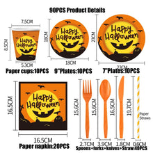 Load image into Gallery viewer, 90Pcs Halloween Party Tableware Set, Pumpkin Theme Disposable Plates Cups Napkins Cutlery Set for 10 Guests, Spooky Night Party Supplies, Fall Festival Decorations
