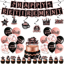 Load image into Gallery viewer, 50PCS Rose Gold Happy Retirement Party Decorations Set, Retirement Supplies with Banner, Hanging Swirls, Balloons, Cake &amp; Cupcake Toppers for Women Men Retirement Theme Party Decor

