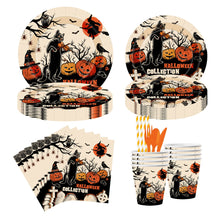 Load image into Gallery viewer, 90PCS Halloween Pumpkin &amp; Black Cat Party Supplies Set, Spooky Halloween Decorations with Disposable Paper Plates, Cups, Napkins &amp; Cutlery, Black Cat Theme Tableware for Costume Party, Birthday &amp; Family Gathering
