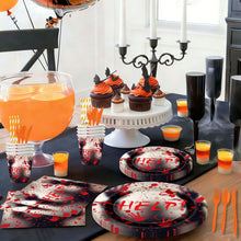 Load image into Gallery viewer, 90PCS Halloween Bloody Handprint Party Supplies Set, Horror Theme Halloween Decorations with Disposable Paper Plates, Cups, Napkins &amp; Cutlery, Scary Tableware Kit for Haunted House, Costume Party &amp; Halloween Celebration
