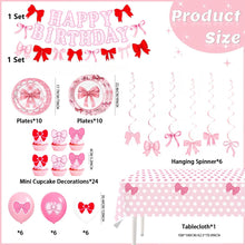 Load image into Gallery viewer, 71pcs Pink Bow Themed Party Decorations Set Serves 24, Bow Birthday Supplies with Plates, Napkins, Cups, Banner, Tablecloth, Cake Toppers, Balloons for Birthday Baby Shower Decorations
