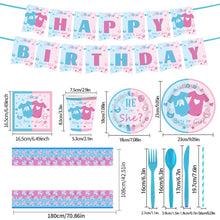 Load image into Gallery viewer, 92PCS Gender Reveal Party Supplies Set, Boy or Girl Baby Shower Decorations with Disposable Paper Plates, Cups, Napkins, Tablecloth, Banner, Balloons, Forks, Knives &amp; Spoons
