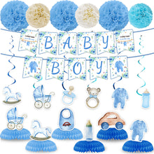 Load image into Gallery viewer, Blue &amp; White Cartoon Party Decorations Set, Letter Banner, Hanging Swirls &amp; Flower Ball Table Decorations for Birthday, Baby Shower, Classroom, Photo Backdrop &amp; Blue Theme Celebration
