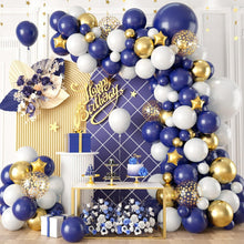 Load image into Gallery viewer, 92PCS Navy Blue Gold White Balloon Arch Kit, Star Confetti Balloons Garland, Elegant Party Decor Supplies for Men Birthday Graduation Anniversary Retirement Celebrations
