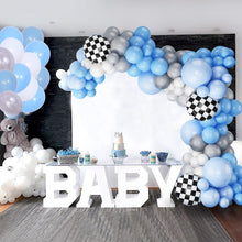 Load image into Gallery viewer, 107PCS Race Car Balloon Garland Arch Kit, Pastel Sky Blue Macaron Balloon Decorations for 1st Birthday Party, Baby Shower, Kids Racing Theme Celebration &amp; Photo Backdrop

