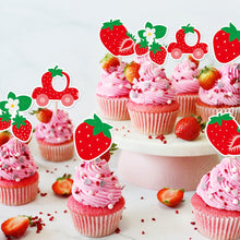 Load image into Gallery viewer, GDGDTOO Sweet Strawberry Happy Birthday Banner, Fruit Themed Party Banner with Hanging Swirls &amp; Cupcake Toppers, Red Berry Wall Banner Decor, Indoor Outdoor Photo Backdrop Birthday Party Supplies
