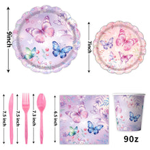Load image into Gallery viewer, Party decoration in Colombia Party decoration in Colombia Butterfly Theme Birthday Party Supplies Set Lace Paper Plates Cups Tablecloth Banner Decorations for Girls Birthday Party Decorations
