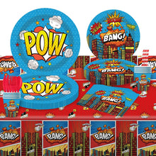 Load image into Gallery viewer, 91PCS City Superhero Themed Disposable Tableware Party Supplies Set, Hero Cityscape Paper Plates, Napkins, Paper Cups, Forks Spoons &amp; Knives Kit, Hero Birthday Table Decor for Friend Gathering, Superhero Theme Indoor Celebration Layout Ornaments
