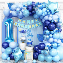 Load image into Gallery viewer, Blue Balloon Arch Garland Kit, Navy &amp; Light Blue Balloons with Number 1 Star Balloons and Happy Birthday Banner for Birthday Party, Gender Reveal, Anniversary &amp; Celebration Backdrop Decorations
