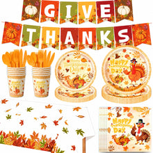 Load image into Gallery viewer, 82PCS Thanksgiving Party Supplies Set, Maple Leaf Banner, Disposable Paper Plates, Cups, Tablecloth, Honeycomb Centerpieces &amp; Balloons for Fall Harvest Party, Thanksgiving Dinner &amp; Autumn Holiday Decorations
