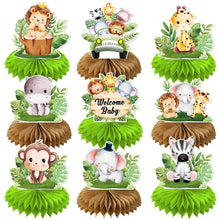 Load image into Gallery viewer, GDGDTOO Jungle Animals Honeycomb Centerpieces, Wild Greenery Themed Table Decorations, Reusable Paper Honeycomb Table Toppers for Birthday Gender Reveal Dessert Table Celebration Party Supplies
