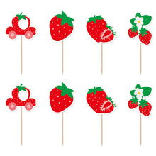 Load image into Gallery viewer, GDGDTOO Sweet Strawberry Happy Birthday Banner, Fruit Themed Party Banner with Hanging Swirls &amp; Cupcake Toppers, Red Berry Wall Banner Decor, Indoor Outdoor Photo Backdrop Birthday Party Supplies
