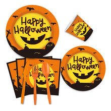 Load image into Gallery viewer, 90Pcs Halloween Party Tableware Set, Pumpkin Theme Disposable Plates Cups Napkins Cutlery Set for 10 Guests, Spooky Night Party Supplies, Fall Festival Decorations
