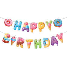Load image into Gallery viewer, GDGDTOO Donut Ice Cream Happy Birthday Banner, Sweet Candy Style Party Banner with Hanging Swirls &amp; Cake Cupcake Toppers, Dessert Themed Wall Banner Decor, Indoor Outdoor Photo Backdrop Birthday Party Supplies
