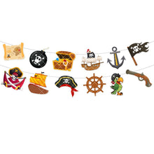 Load image into Gallery viewer, GDGDTOO Pirate Happy Birthday Banner, Ocean Treasure Skull Party Banner with Cake Topper &amp; Cupcake Toppers, Nautical Themed Wall Banner Decor, Indoor Outdoor Photo Backdrop Birthday Party Supplies
