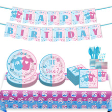 Load image into Gallery viewer, 92PCS Gender Reveal Party Supplies Set, Boy or Girl Baby Shower Decorations with Disposable Paper Plates, Cups, Napkins, Tablecloth, Banner, Balloons, Forks, Knives &amp; Spoons
