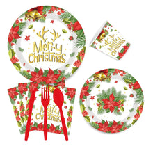 Load image into Gallery viewer, 90pcs Christmas Party Supplies, Disposable Tableware Set Includes Plates, Napkins, Cups, Cutlery, Straws, Banner &amp; Tablecloth, for Holiday Dinner &amp; Winter Gatherings
