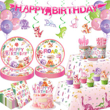Load image into Gallery viewer, Party decoration in Colombia Party decoration in Colombia Pink Dinosaur Birthday Party Supplies Set Disposable Paper Plates Cups Banner Tablecloth Dinosaur Theme Party Decorations for Kids
