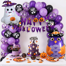 Load image into Gallery viewer, 58PCS Halloween Balloon Garland Kit, Black Purple Latex Balloon Arch Set with Backdrop Decorations, Spooky Halloween Party Supplies for Haunted House Decor
