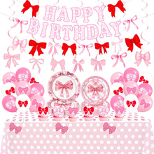 Load image into Gallery viewer, 71pcs Pink Bow Themed Party Decorations Set Serves 24, Bow Birthday Supplies with Plates, Napkins, Cups, Banner, Tablecloth, Cake Toppers, Balloons for Birthday Baby Shower Decorations

