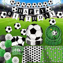 Load image into Gallery viewer, 108PCS Soccer Themed Party Decorations Set Serves 40, Soccer Birthday Supplies with Plates, Napkins, Banner, Hanging Swirls, Balloons, Tablecloth for Soccer Sports Birthday Table Decorations
