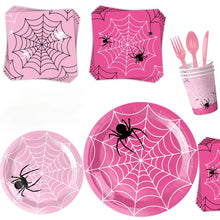 Load image into Gallery viewer, 100 PCS Pink Spider Birthday Party Supplies Set, Pink &amp; White Spider Web Disposable Tableware Kit with Plates, Napkins, Cups, Balloons, Banner, Tablecloth for Spooky Birthday Halloween Themed Celebrations
