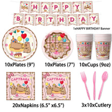 Load image into Gallery viewer, 82PCS Pink Capybara Birthday Party Supplies Set, Capybara Theme Disposable Tableware, Paper Cups, Tablecloth, Banner Bunting &amp; Balloons for Birthday Celebration &amp; Party Decorations

