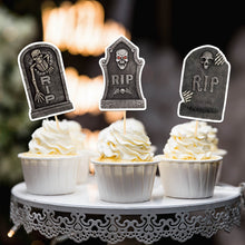Load image into Gallery viewer, 8PCS Halloween Tombstone Cake Toppers, RIP Skull Graveyard Cupcake Picks, Spooky Ghost Festival Dessert Decor Supplies
