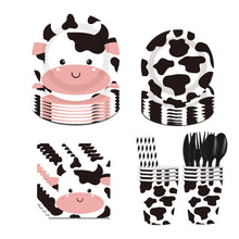 Load image into Gallery viewer, 92PCS Cow Party Supplies Set, Farm Animal Birthday Party Decorations with Disposable Paper Plates, Cups, Napkins, Tablecloth, Banner, Forks, Knives &amp; Spoons, Barnyard Theme Party Tableware
