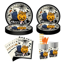 Load image into Gallery viewer, 90PCS Halloween Graveyard Party Supplies Set, Spider Web &amp; Pumpkin Halloween Decorations with Disposable Paper Plates, Cups, Napkins, Straws &amp; Cutlery, Spooky Tableware Kit for Haunted House &amp; Halloween Party
