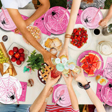 Load image into Gallery viewer, 100 PCS Pink Spider Birthday Party Supplies Set, Pink &amp; White Spider Web Disposable Tableware Kit with Plates, Napkins, Cups, Balloons, Banner, Tablecloth for Spooky Birthday Halloween Themed Celebrations
